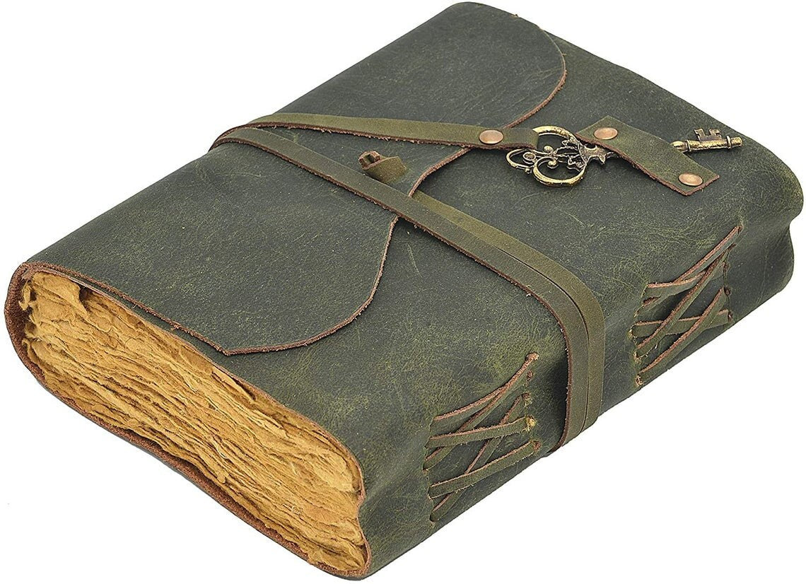 Green soft RUSTIC Leather Diary with key Handmade DECKLE EDGE paper/journal/Notebook-Unlined Paper-travel diary- 8X6"Planner/Art Sketch book