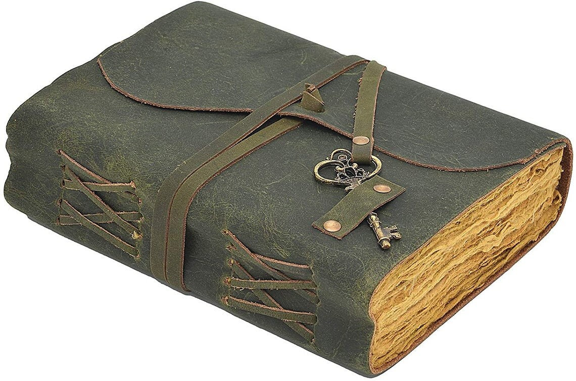 Green soft RUSTIC Leather Diary with key Handmade DECKLE EDGE paper/journal/Notebook-Unlined Paper-travel diary- 8X6"Planner/Art Sketch book