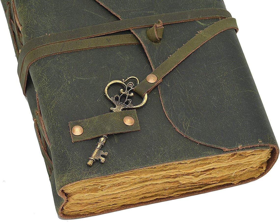 Green soft RUSTIC Leather Diary with key Handmade DECKLE EDGE paper/journal/Notebook-Unlined Paper-travel diary- 8X6"Planner/Art Sketch book