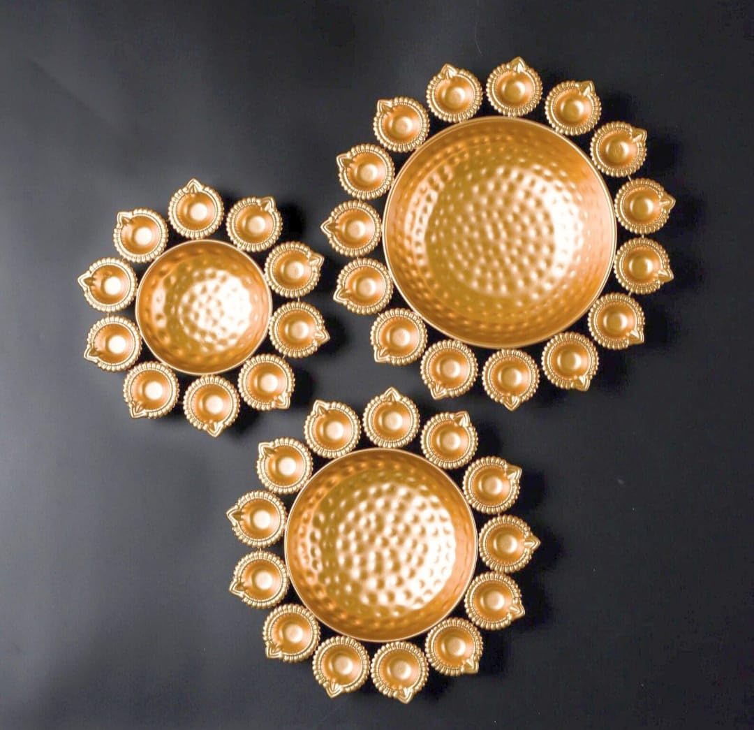 Diya Set, 3 Pieces, Gold, Tea Light Holder, Candle Holder, Diwali/Wedding Decor