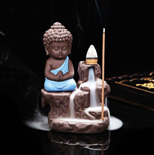 GIFT Lord buddha little baby monk buddha fragrance holder Smoke Backflow Cone Incense Holder 10 Free Cones/home decor