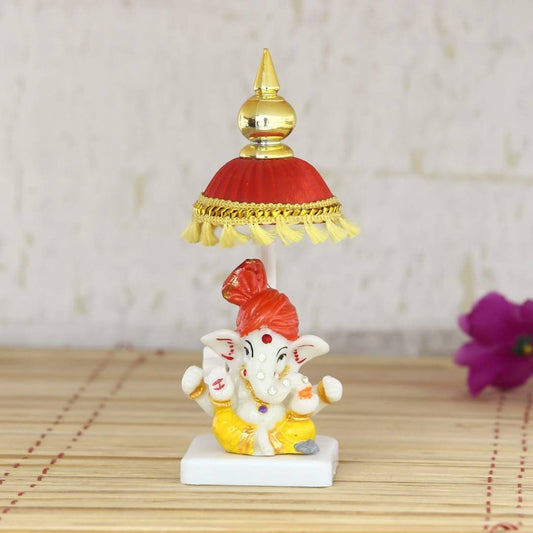 GIFT Lord Ganesha with chatri-car -dashboard/temple decorative showpiece Home/table decor(18cm,polyresin) house warming Gift India