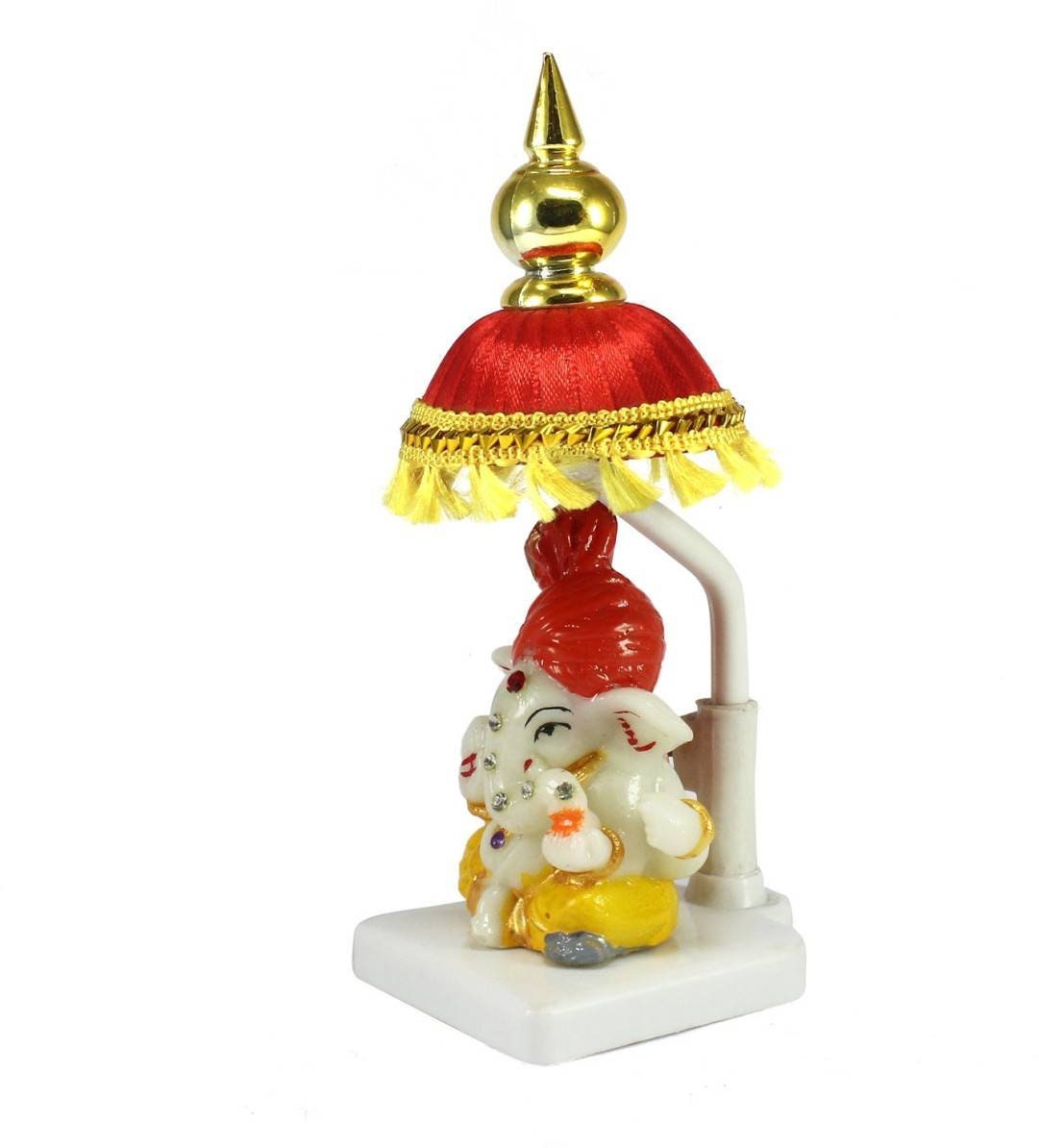 GIFT Lord Ganesha with chatri-car -dashboard/temple decorative showpiece Home/table decor(18cm,polyresin) house warming Gift India