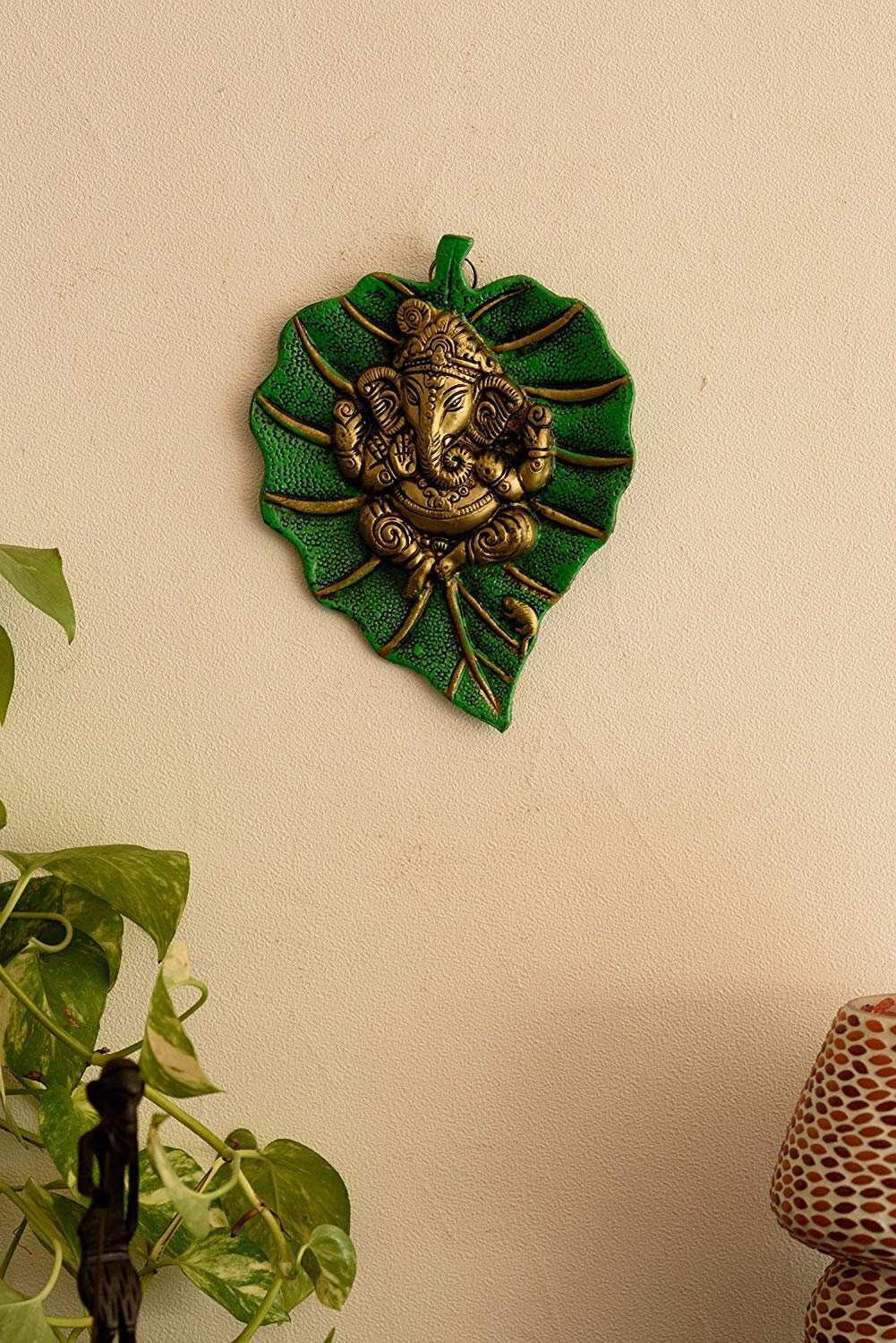 Wall hanging Lord Ganesha on Leaf Yoga Meditation Home decor, Decorative Showpiece-15.24 cm(Aluminium,Silver,Green) house warming Gift India