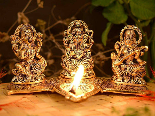 GIFT Laxmi Ganesh Saraswati Idol Showpiece Oil Lamp | Diya | Deepak Showpiece ( 20 cm, Golden