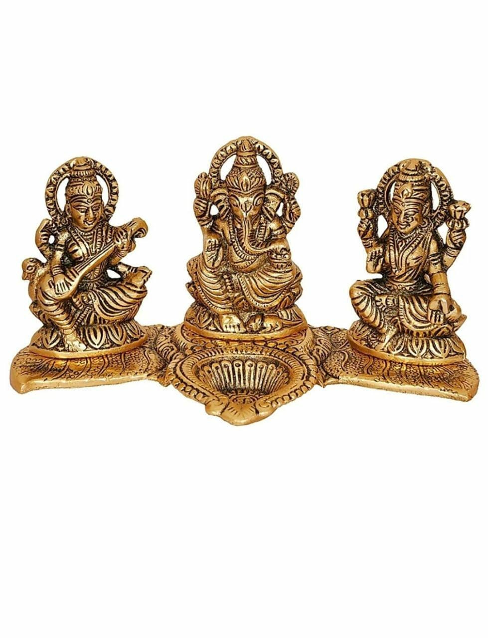 GIFT Laxmi Ganesh Saraswati Idol Showpiece Oil Lamp | Diya | Deepak Showpiece ( 20 cm, Golden