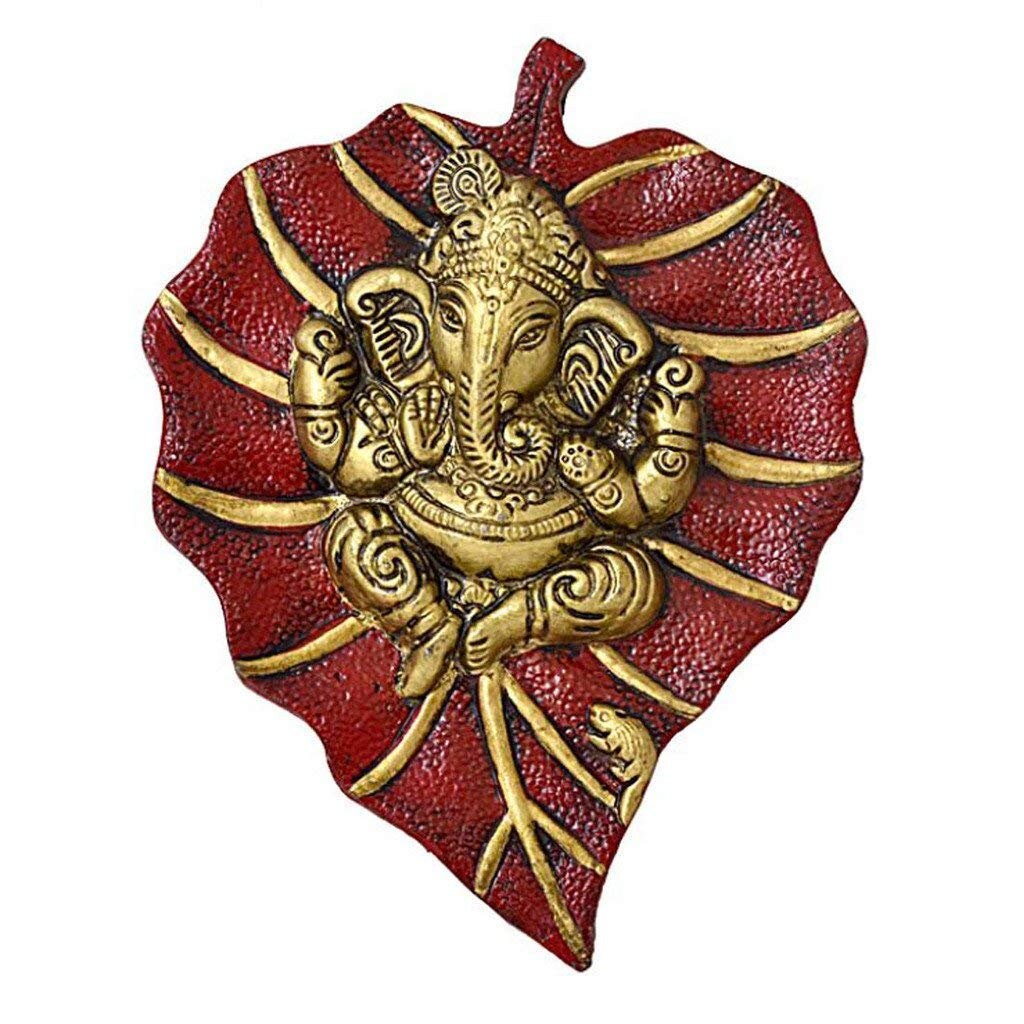 Wall hanging Lord Ganesha on Leaf Yoga Meditation Home decor, Decorative Showpiece-15.24 cm(Aluminium,Silver,Green) house warming Gift India