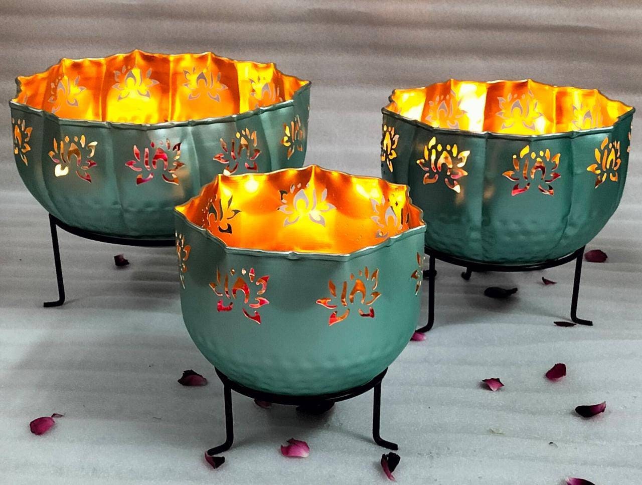 Iron Lotus Urli/Pot in Black Flower/Candle Festive/CHRISTMAS GIFT diwali/wedding Decor 13 Pieces SET:12/10/8 with stand, 5 Votives-3 inch