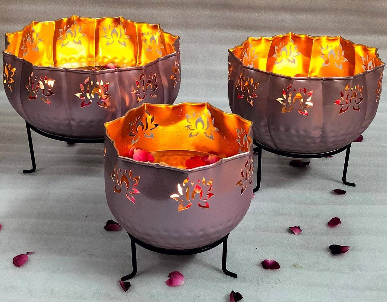 Iron Lotus Urli/Pot in Black Flower/Candle Festive/CHRISTMAS GIFT diwali/wedding Decor 13 Pieces SET:12/10/8 with stand, 5 Votives-3 inch