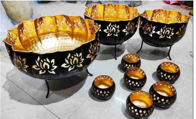 Iron Lotus Urli/Pot in Black Flower/Candle Festive/CHRISTMAS GIFT diwali/wedding Decor 13 Pieces SET:14/12/10 with stand,7 Votives-3.5 inch