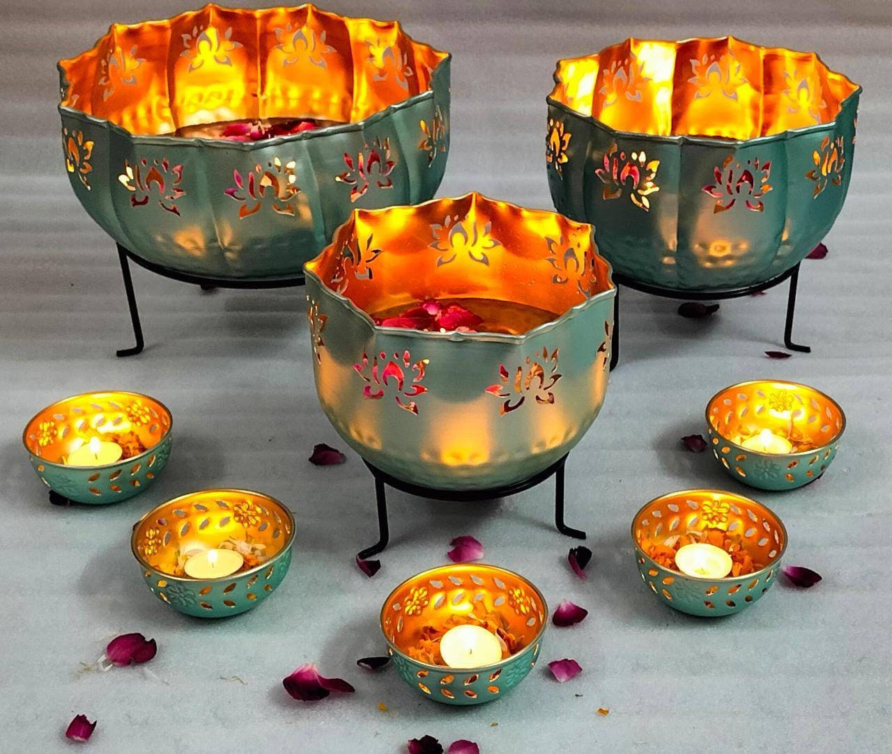 Iron Lotus Urli/Pot in Black Flower/Candle Festive/CHRISTMAS GIFT diwali/wedding Decor 13 Pieces SET:12/10/8 with stand, 5 Votives-3 inch