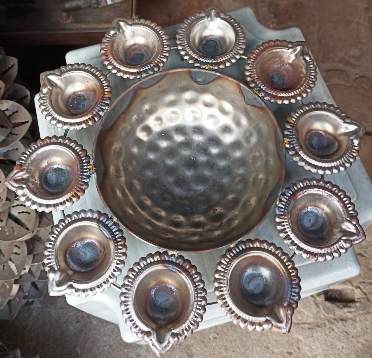 Iron diya Urli with diya set/Urli with stand/Urli with bowl/Candle Festive/CHRISTMAS GIFT diwali/wedding Decor -1 pc-12 inch