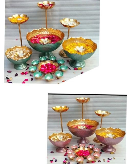 Taj urli set with bowl/Urli with base-candle holder-Votive-RANGOLI/Lotus urli Bowl/Event/wedding/Diwali/Christmas decoration -10 pc set