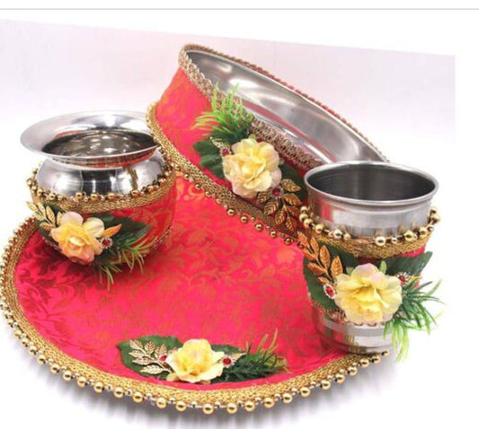 Karwa chauth thali set thali, lots, bowl, chalni stainer, plate for Pooja/wedding/haldi / mehendi ceremony