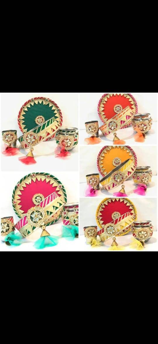 Karwa chauth thali set thali, lots, bowl, chalni stainer, plate for Pooja/wedding/haldi / mehendi ceremony