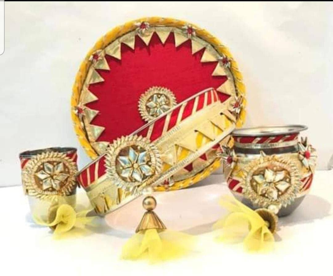 Karwa chauth thali set thali, lots, bowl, chalni stainer, plate for Pooja/wedding/haldi / mehendi ceremony