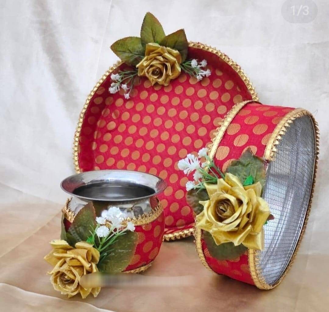 Karwa chauth thali set thali, lots, bowl, chalni stainer, plate for Pooja/wedding/haldi / mehendi ceremony