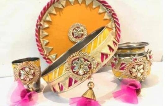 Karwa chauth thali set thali, lots, bowl, chalni stainer, plate for Pooja/wedding/haldi / mehendi ceremony