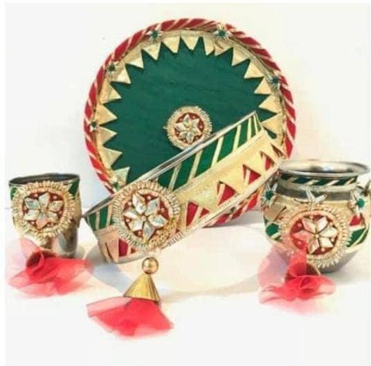 Karwa chauth thali set thali, lots, bowl, chalni stainer, plate for Pooja/wedding/haldi / mehendi ceremony