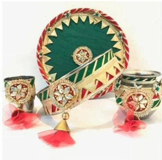 Karwa chauth thali set thali, lots, bowl, chalni stainer, plate for Pooja/wedding/haldi / mehendi ceremony