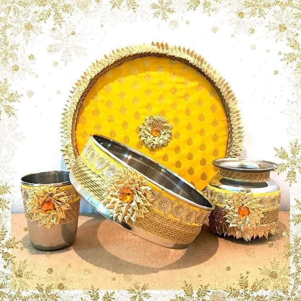 Karwa chauth thali set thali, lots, bowl, chalni stainer, plate for Pooja/wedding/haldi / mehendi ceremony