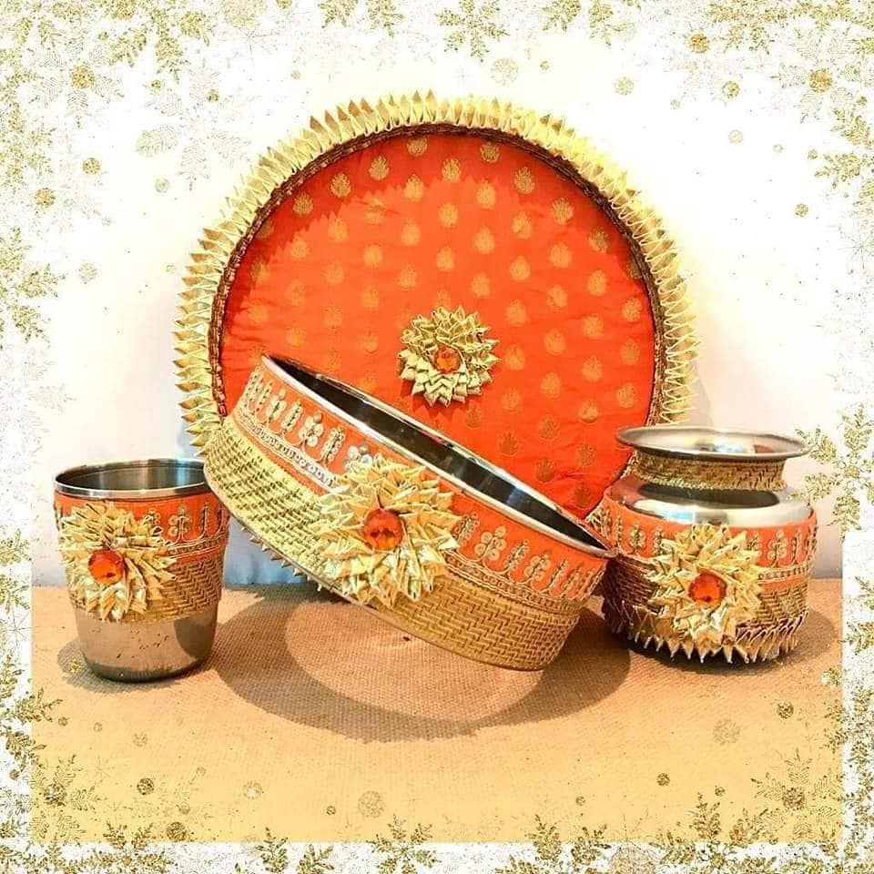 Karwa chauth thali set thali, lots, bowl, chalni stainer, plate for Pooja/wedding/haldi / mehendi ceremony