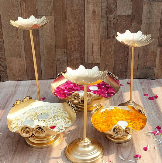 Rose bowl Urli with stand/Rose Urli with stand/uruli bowl/Pot/Candle Festive/diwali/wedding Decor 6 pc set  Return gift wedding favours Gift