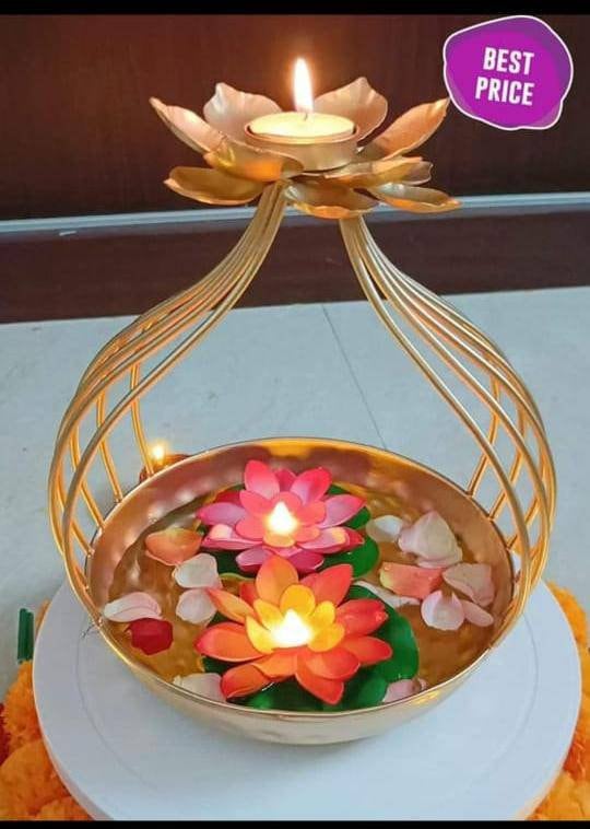 2 pc set Lotus urli candle stand/ diya holder/Candle Festive Decor urli bowl / urli with stand -Event/wedding/Diwali/Christmas decoration