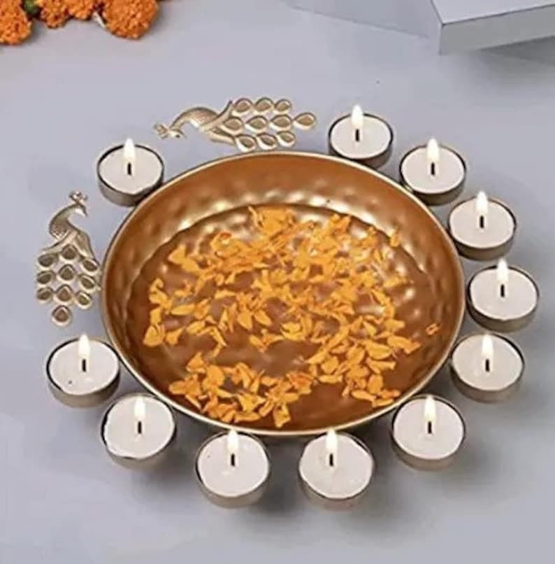 peacock urli/ tea light holder/. Candle holder/Urli with bowl/CHRISTMAS, diwali gift/party, Pooja wedding Decor -2 pc- 12 inch