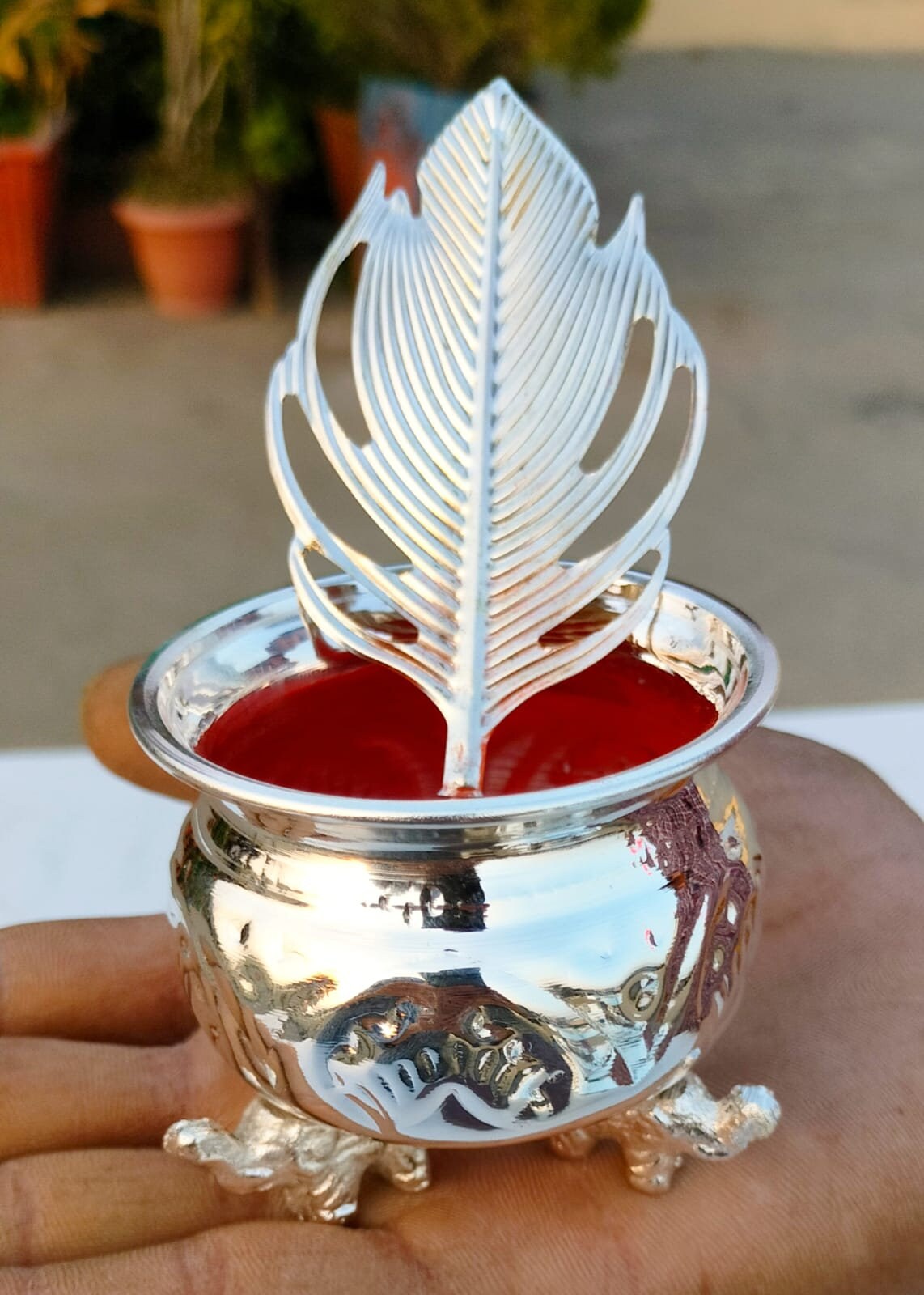 German Silver tilak stick with kumkum bowl Decor, peacock feather design tilak stick wedding gift navratri gift Pooja gift Spiritual Gift