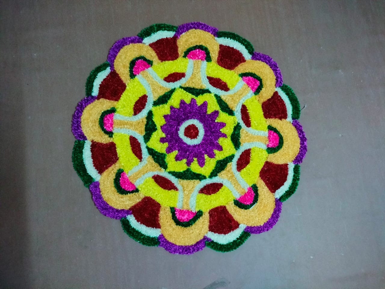 Rangoli mat Canvas base fur mat, fancy Yarn Antiskid Modern Rangoli Door Mat/Home Decoration/pooja room decoration/Festival decoration