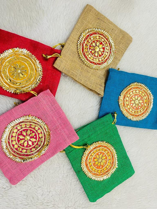 Lot of 100 Indian handmade women jute Potli bag/gotta patti /purse/drawstring bags/party/mehendi/wedding potli favours/giveaways/Return gift