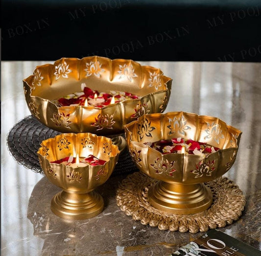 Lotus Urli/Urali/Iron urli with bowl/urli with stand/Uruli set/Christmas/Pooja/wedding Gift/CHRISTMAS/DIWALI GIFT/Home Decoration3 Pc