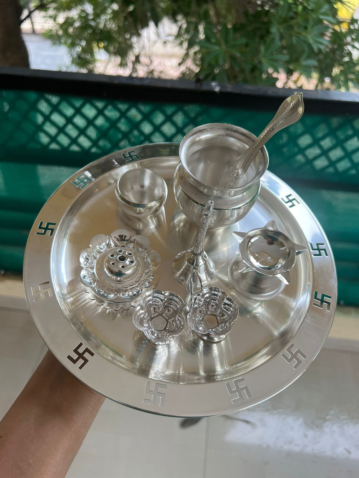 German silver plate swastik cutting on border ,Puja Thali Set/Hindu Deity Worship, Temple Décor, Oxidized Silver Puja Thali, Spiritual Gift