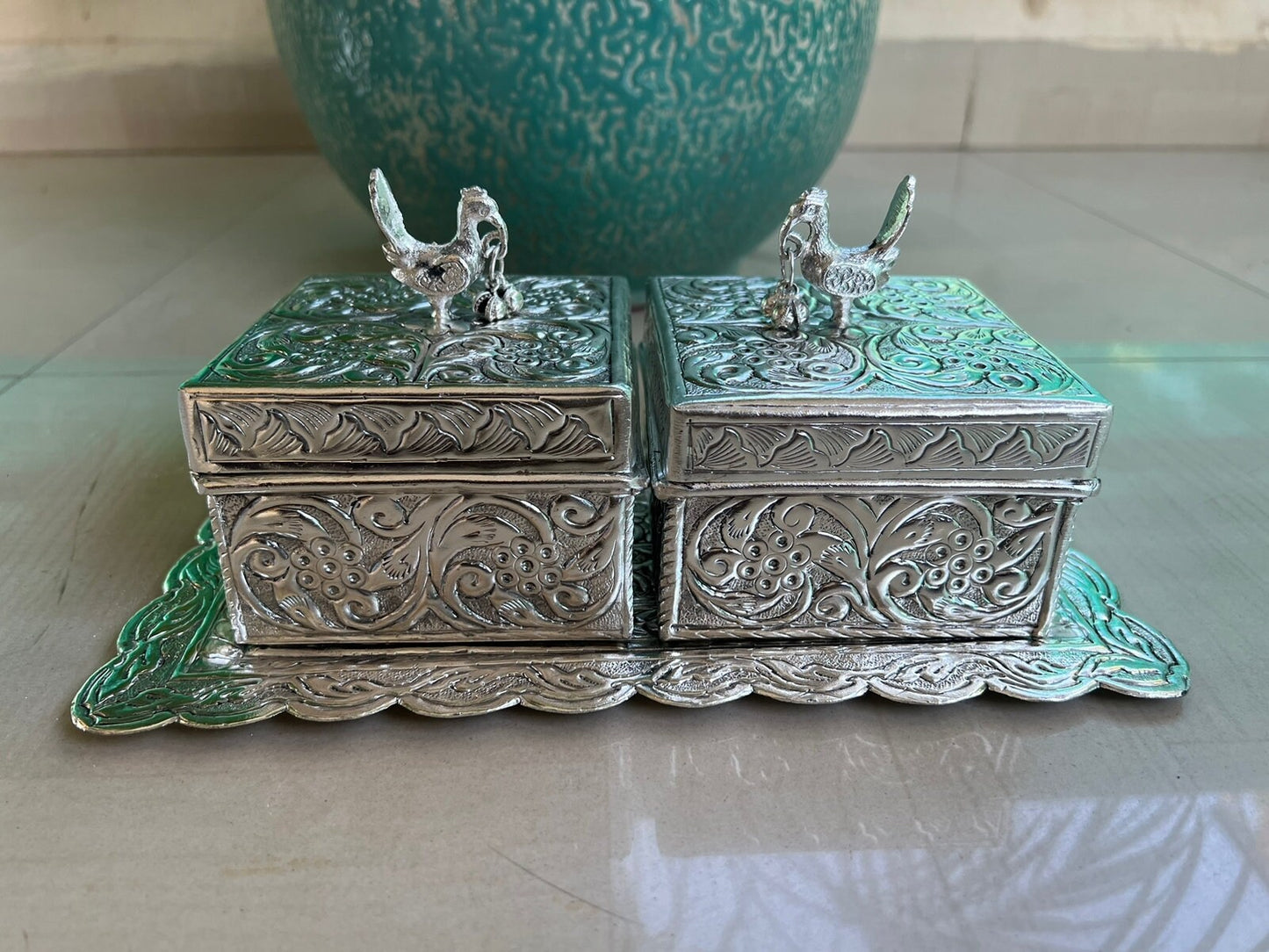 German Silver 2 peacock boxes with tray Decor, Table Decor, Snack Bowl,Serving Bowl, Dry fruit Jar,Wedding Gift, Dry Fruit Box, Diwali gift