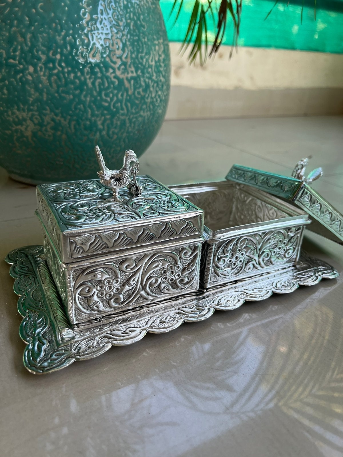 German Silver 2 peacock boxes with tray Decor, Table Decor, Snack Bowl,Serving Bowl, Dry fruit Jar,Wedding Gift, Dry Fruit Box, Diwali gift