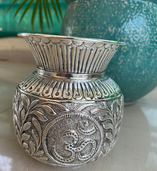 German Silver Hand Engraved Kalash flower pot Hindu Deity Worship,Temple Decor,Antique Oxidized Silver vase Spiritual Gift/ Om engraved vase