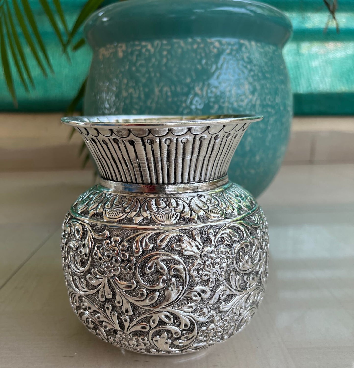 German Silver Hand Engraved Kalash flower pot Hindu Deity Worship,Temple Decor,Antique Oxidized Silver vase Spiritual Gift/ Om engraved vase