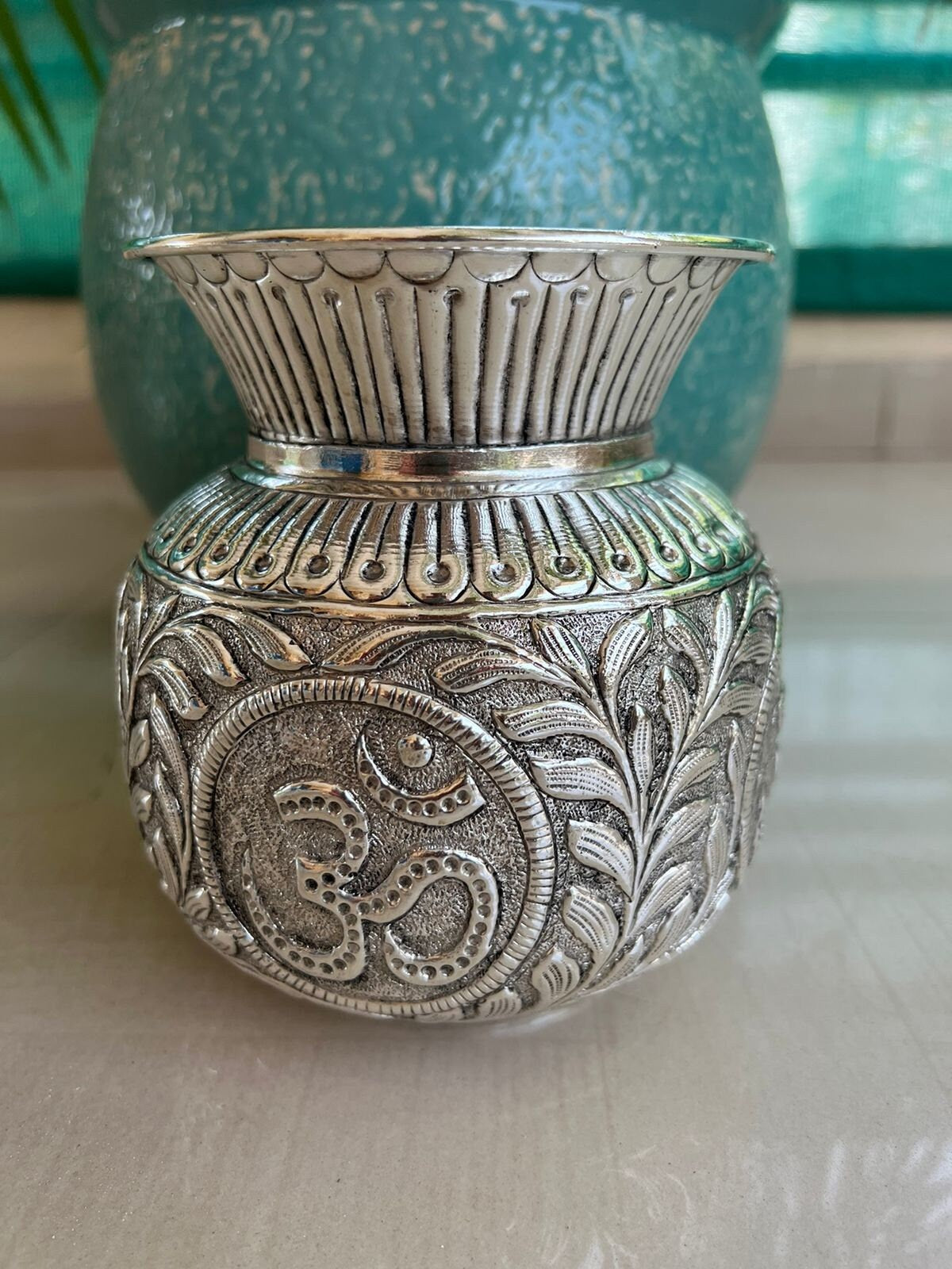 German Silver Hand Engraved Kalash flower pot Hindu Deity Worship,Temple Decor,Antique Oxidized Silver vase Spiritual Gift/ Om engraved vase