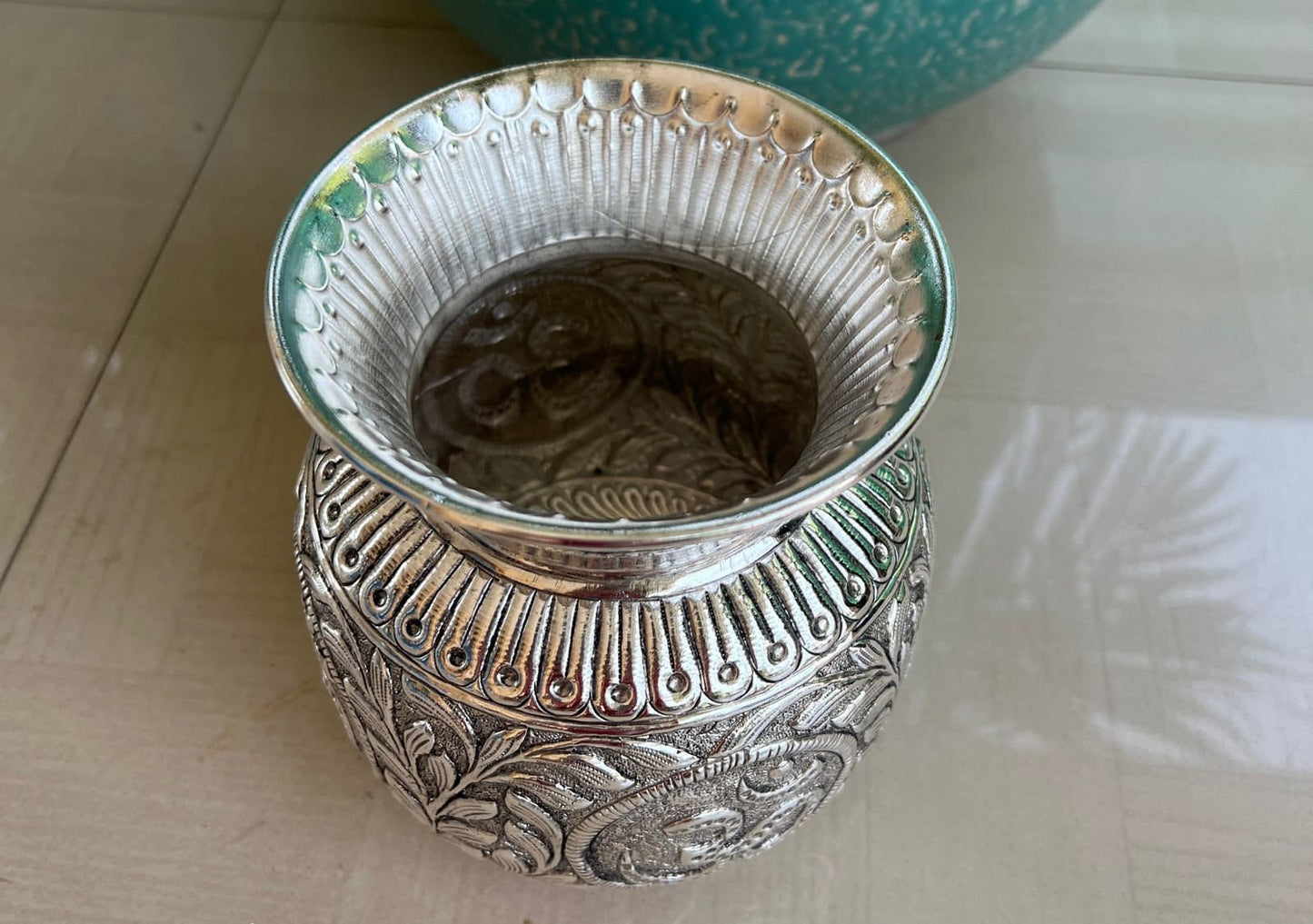 German Silver Hand Engraved Kalash flower pot Hindu Deity Worship,Temple Decor,Antique Oxidized Silver vase Spiritual Gift/ Om engraved vase