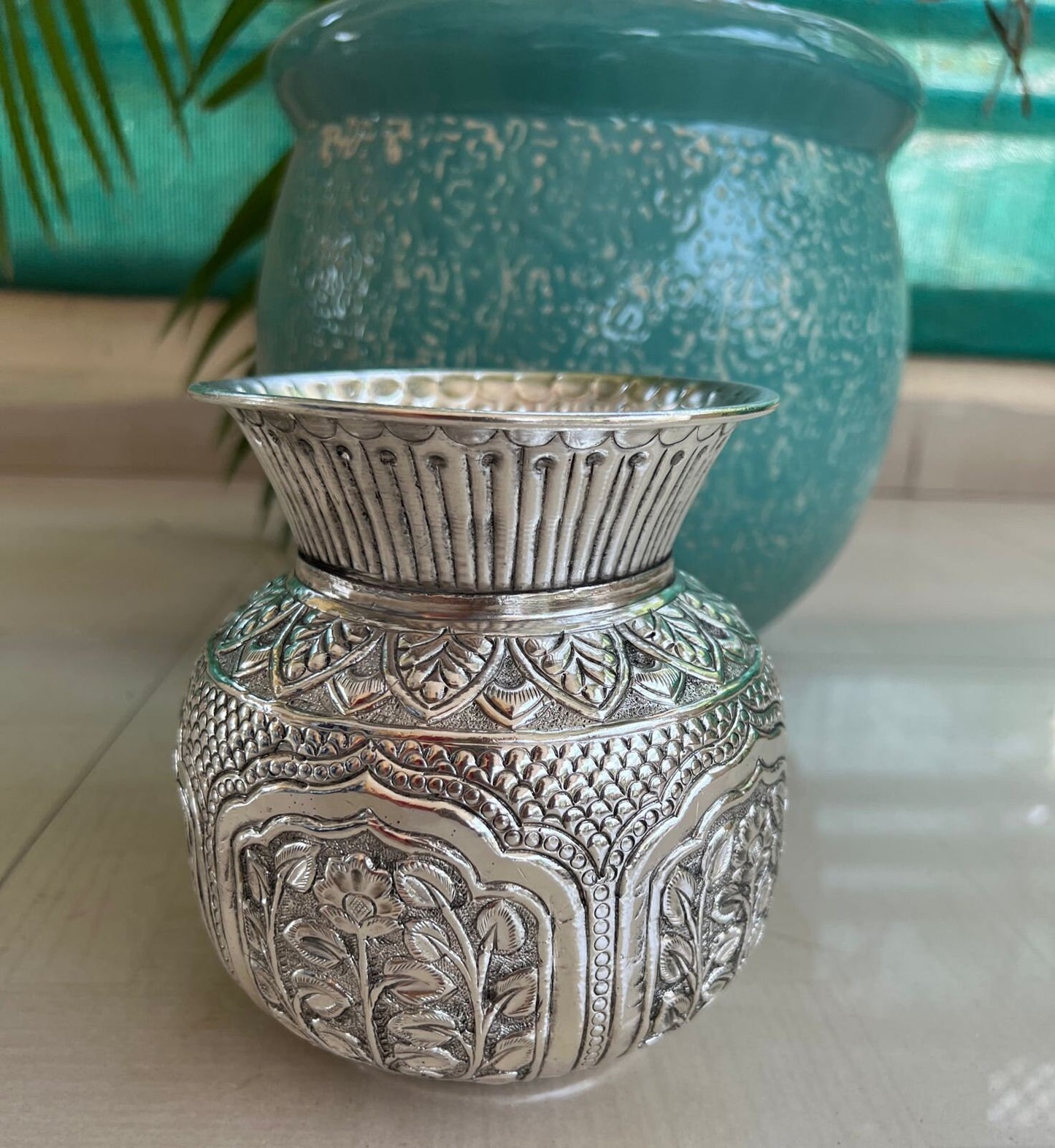 German Silver Hand Engraved Kalash flower pot Hindu Deity Worship,Temple Decor,Antique Oxidized Silver vase Spiritual Gift/ Om engraved vase