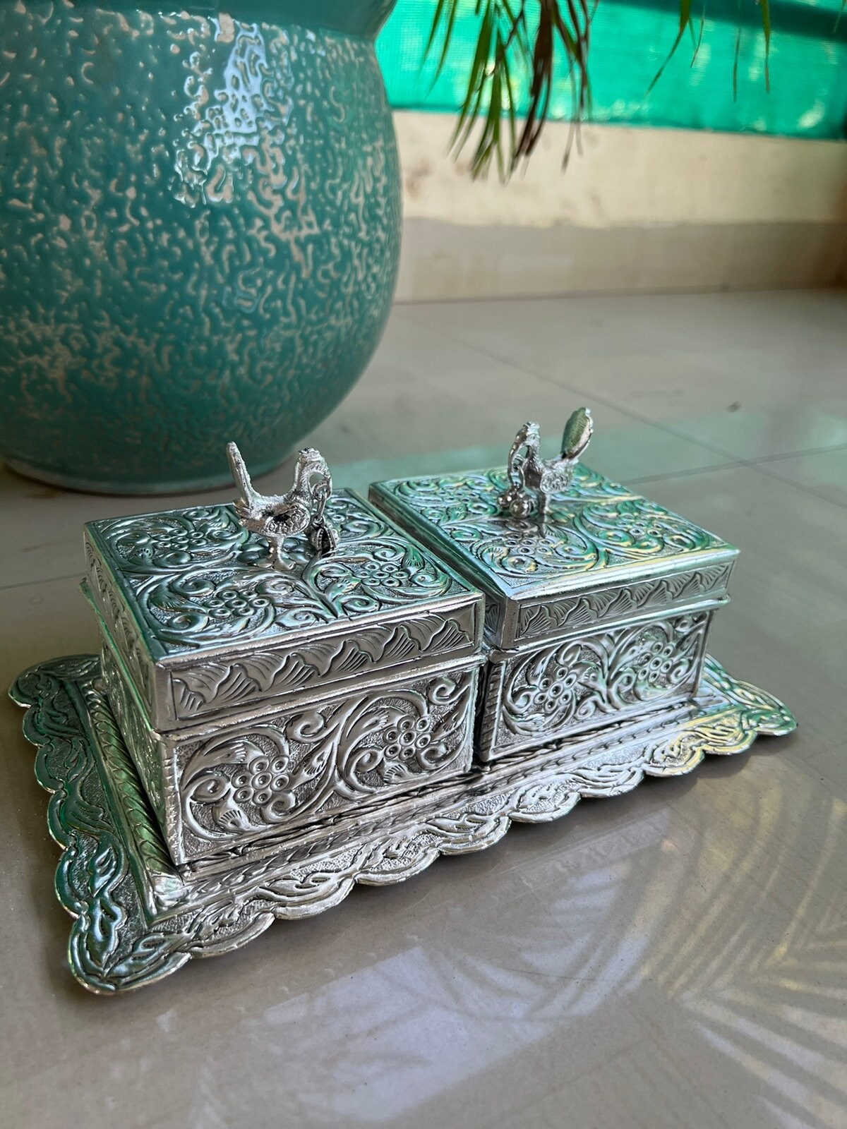 German Silver 2 peacock boxes with tray Decor, Table Decor, Snack Bowl,Serving Bowl, Dry fruit Jar,Wedding Gift, Dry Fruit Box, Diwali gift