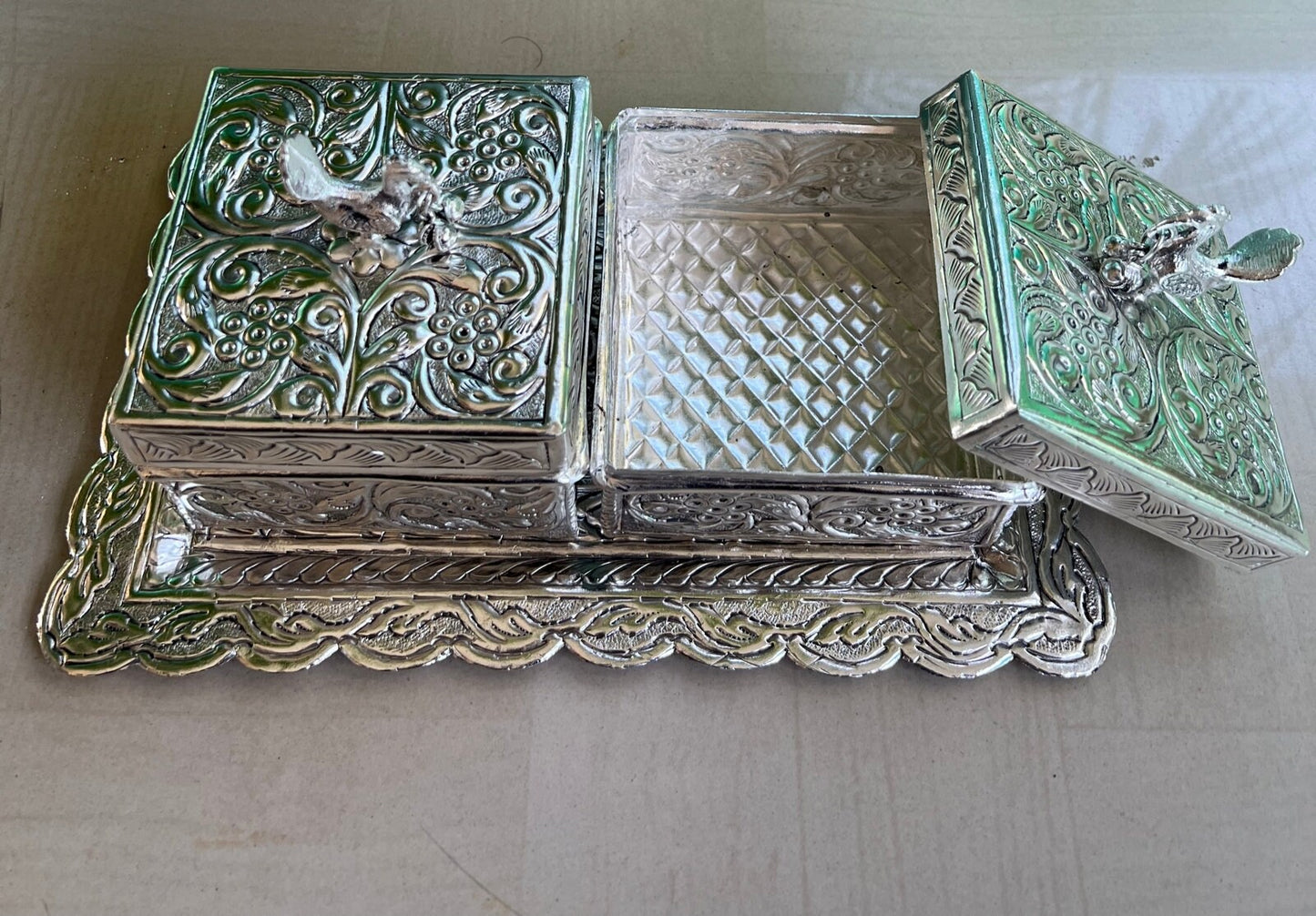 German Silver 2 peacock boxes with tray Decor, Table Decor, Snack Bowl,Serving Bowl, Dry fruit Jar,Wedding Gift, Dry Fruit Box, Diwali gift