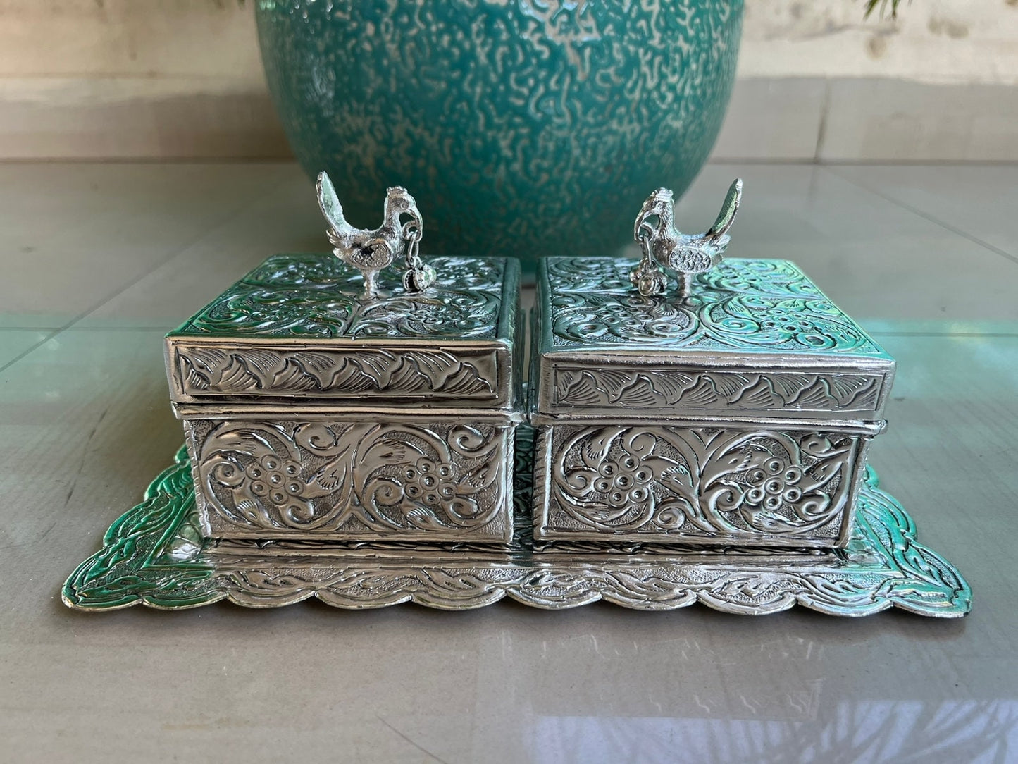 German Silver 2 peacock boxes with tray Decor, Table Decor, Snack Bowl,Serving Bowl, Dry fruit Jar,Wedding Gift, Dry Fruit Box, Diwali gift