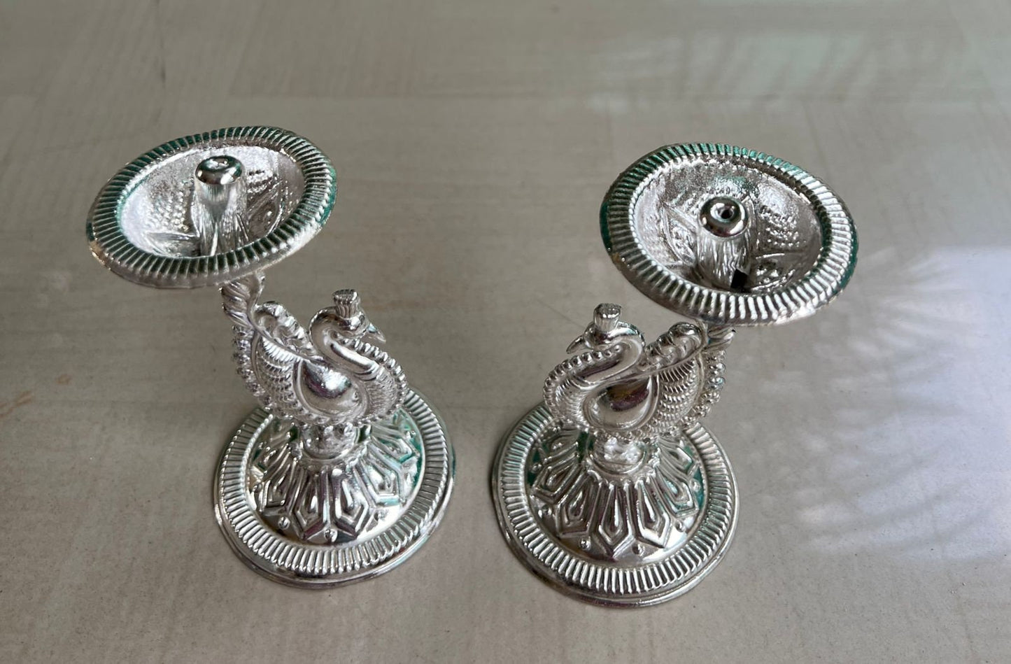 German Silver Peacock Diya,Diwali Gift,Silver Deepam, Metal Diya, Handmade Indian Pooja Oil Lamp, Akandh 5 Wick Diya,wedding , navratri gift