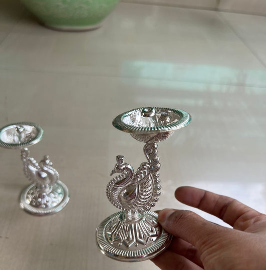 German Silver Peacock Diya,Diwali Gift,Silver Deepam, Metal Diya, Handmade Indian Pooja Oil Lamp, Akandh 5 Wick Diya,wedding , navratri gift