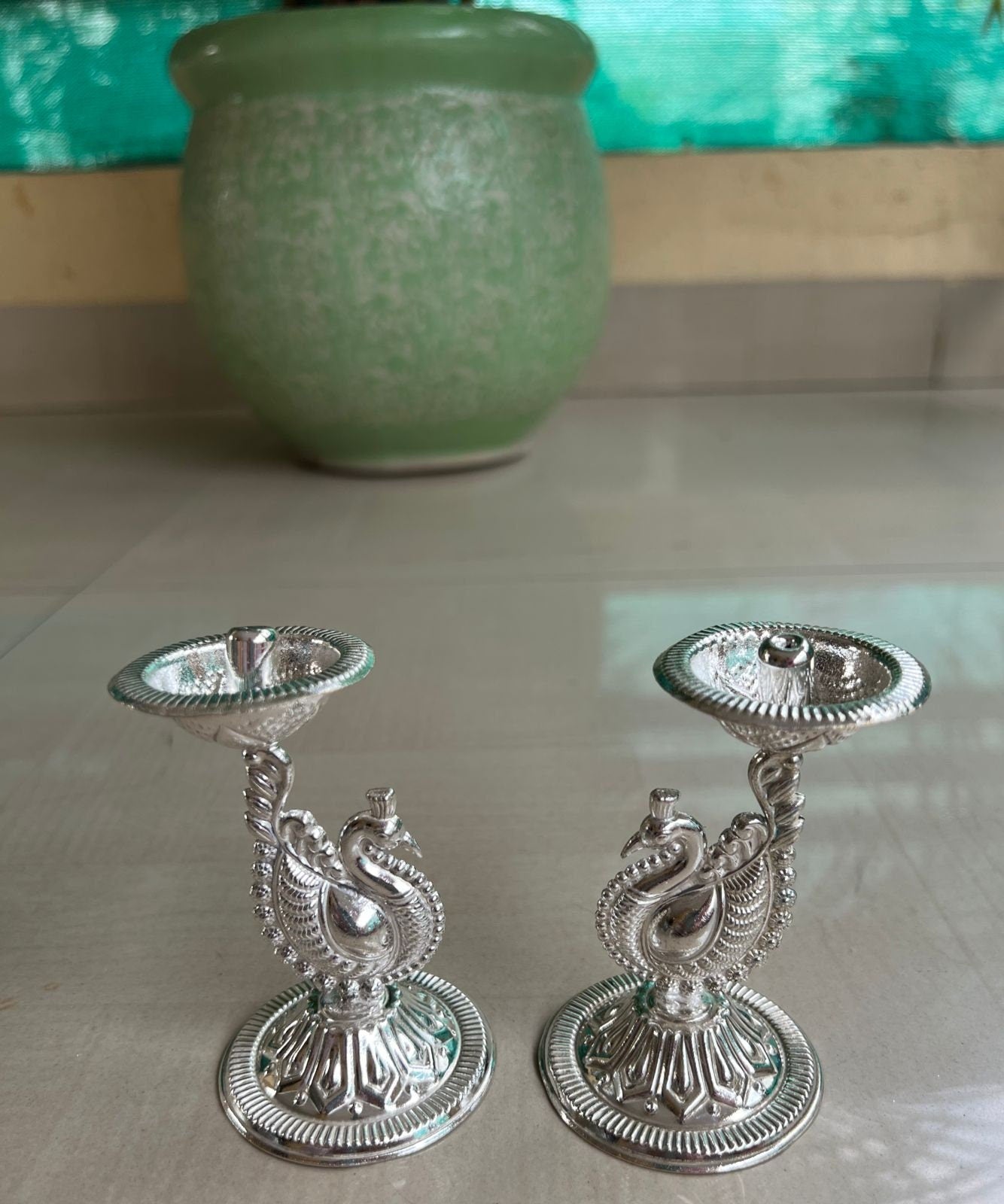 German Silver Peacock Diya,Diwali Gift,Silver Deepam, Metal Diya, Handmade Indian Pooja Oil Lamp, Akandh 5 Wick Diya,wedding , navratri gift